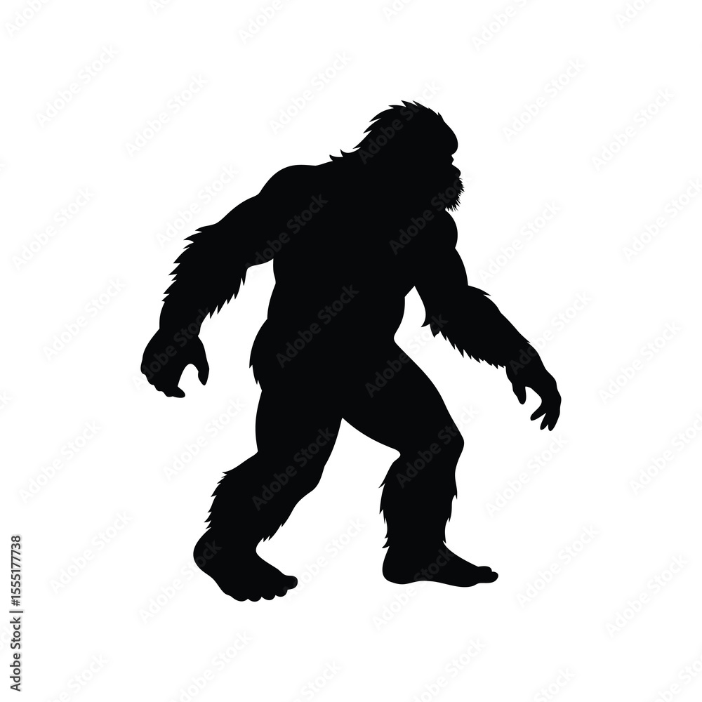 Fototapeta premium Mysterious Silhouette of Bigfoot Walking in the Shadows Against White Backdrop
