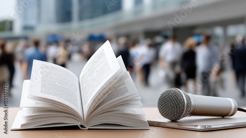 Close-up view of a microphone and an open book on a table during a lively reading event at a bustling book fair