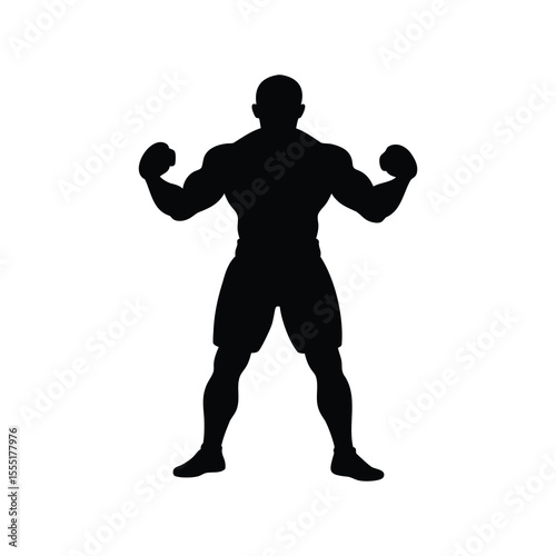 Silhouette of muscular man flexing arms in shorts against white background