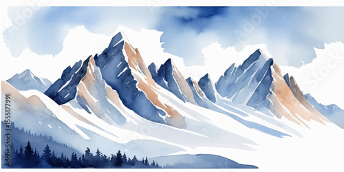 Panoramic winter mountain landscape with snow-covered peaks, high alpine views, and a vast sky