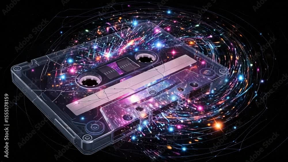 Cassette tape in vibrant colors, for music and nostalgia, with copy space