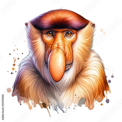 Proboscis Monkey Portrait: An up-close, vibrant depiction of a Proboscis monkey, showcasing its distinctive long nose, intelligent eyes, and rich coat.