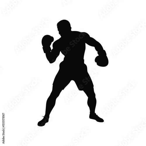 Black silhouette of muscular boxer in ready stance with boxing gloves