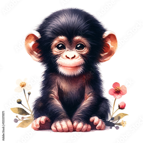 Adorable Chimpanzee Portrait: A charming illustration of a baby chimpanzee with big expressive eyes, surrounded by delicate floral details.