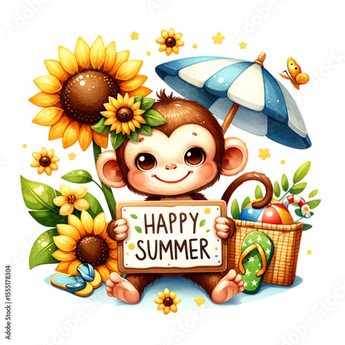 Playful Monkey's Summer Greeting: A cheerful monkey enjoys the summer fun, surrounded by sunflowers, beach accessories, holding a "Happy Summer" sign. Evokes joy and holiday spirit.