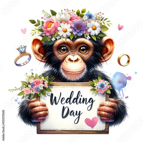 Wedding Day Invitation: A whimsical chimpanzee invites with flowers, rings, and hearts, perfect for a memorable wedding day.