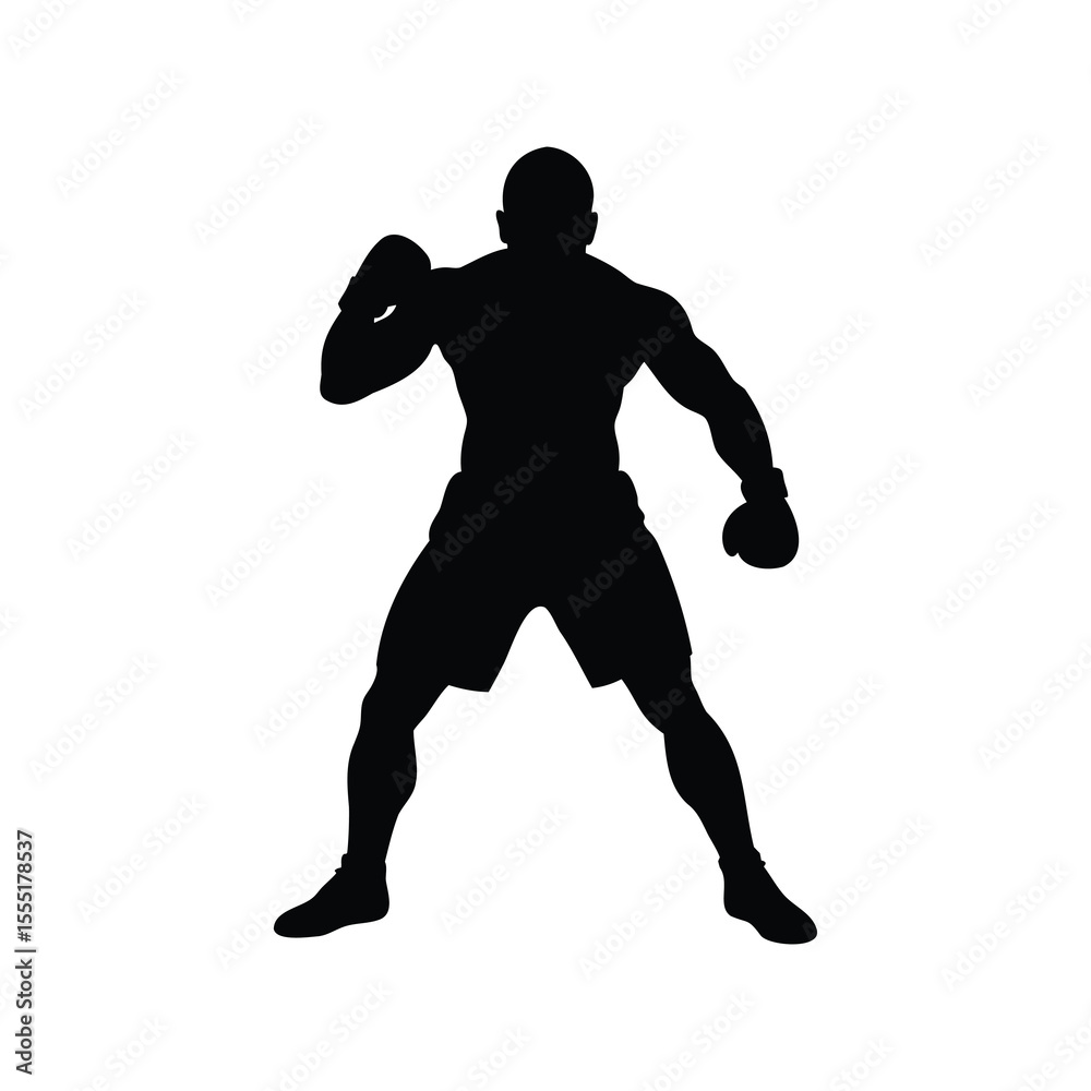 Naklejka premium Silhouette of a muscular boxer in stance ready to fight, on white