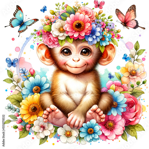 Playful Monkey Amidst Blooms: A charming, innocent monkey adorned with a vibrant floral wreath is set amidst a whimsical scene of blooming flowers and fluttering butterflies.