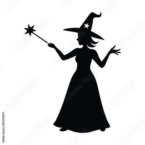 Witch casting magic spell with wand vector silhouette