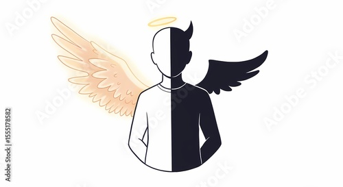 Digital Illustration of an Angel and Devil Half Human Figure with Wings and Halo