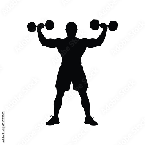Silhouette of a muscular man lifting dumbbells in a powerful pose