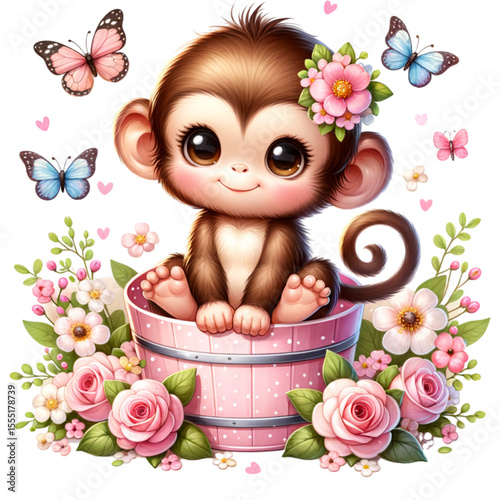 Whimsical Monkey: A cheerful monkey, adorned with floral accents and surrounded by butterflies and flowers, radiates cuteness and playful charm, creating a delightful scene.