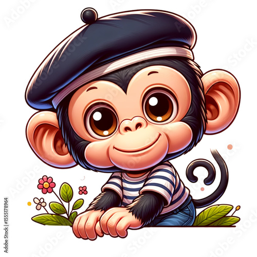 Charming Monkey with beret: A cheerful illustration showcases a delightful monkey sporting a chic beret and striped shirt, framed by vibrant flowers, radiating warmth and positivity.
