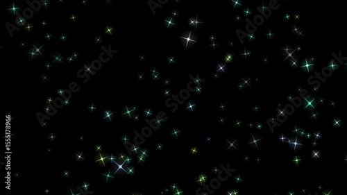 Shiny teal green stars float and flicker on black background abstract video