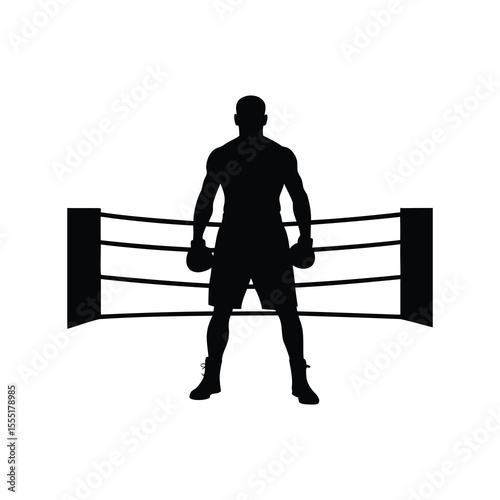 Silhouette of a muscular boxer ready for a fight in the ring