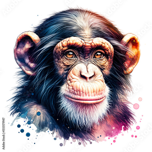 Intimate Chimpanzee Portrait: a meticulously painted, detailed portrait of a chimpanzee, exuding curiosity and intelligence, set against a vibrant backdrop of watercolors. 