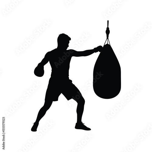 Silhouette of a boxer training with a punching bag in a gym