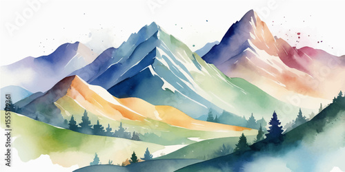Vibrant sunset paints a serene mountain landscape, with peaks shrouded in mist and snow under a captivating skyVibrant sunset paints a serene mountain landscape, with peaks shrouded in mist and snow u