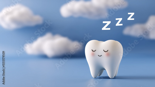 Sleeping cartoon tooth with clouds and zzz, dental care concept