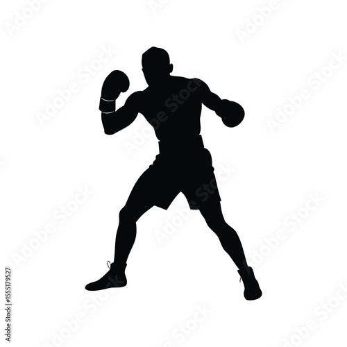Silhouette of a boxer in a fighting stance with boxing gloves