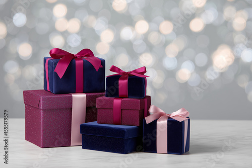 Stacked, velvet gift boxes with bows, festive and holiday scene in soft focus background