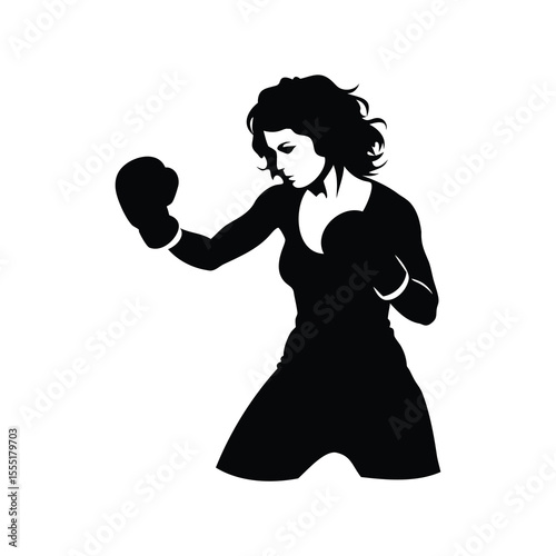 Silhouette of a Woman Boxer with Curly Hair in Fighting Stance