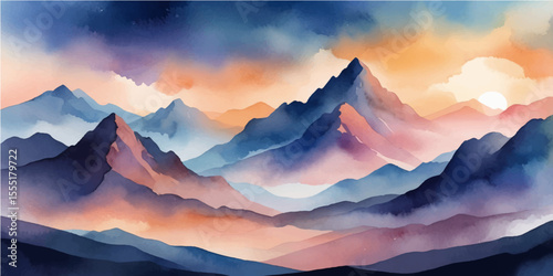 Beautiful panorama of a mountain landscape with a fiery sunrise and a misty, cloudy sky