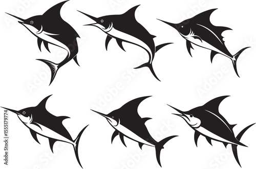 set of marlin fish silhouette, black and white silhouette, vector and illustration