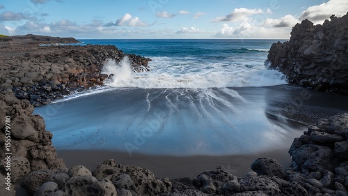 Ocean waves crash against the black sand beach with lava rocks under a partly cloudy sky in Maui, Hawaii, creating a scenic view.