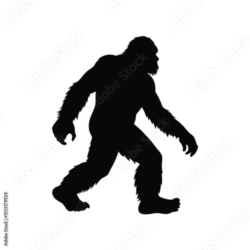 Silhouette of a Bigfoot Creature Walking on a White Background