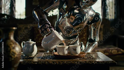 Futuristic robot pouring tea in antique interior technological innovation automation domestic service