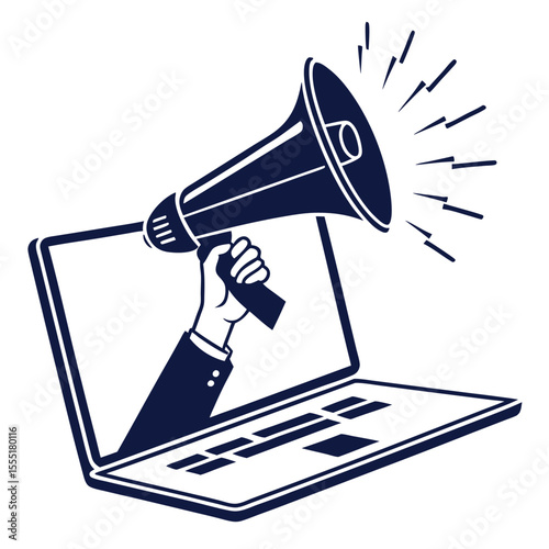 silhouette Hand holding megaphone out of laptop screen on white background