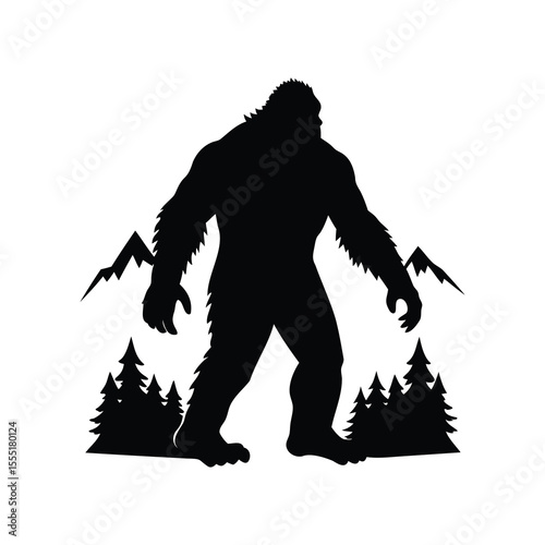 Silhouette of Bigfoot Roaming Through Mountains and Evergreen Forest Landscape