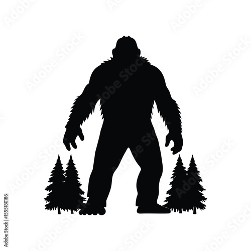 Silhouette of bigfoot standing in a forest with pine trees near him