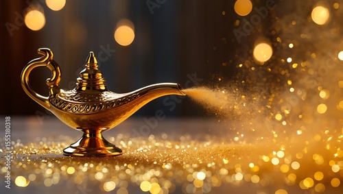Golden genie lamp with magical dust bursting forth and sparkling bokeh background
