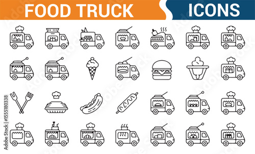 Collection of mobile food truck icons, featuring food items and food service vehicles for event planning.