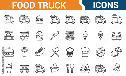 Food truck icons including food items like ice cream, burgers, and utensils, perfect for food-related businesses.