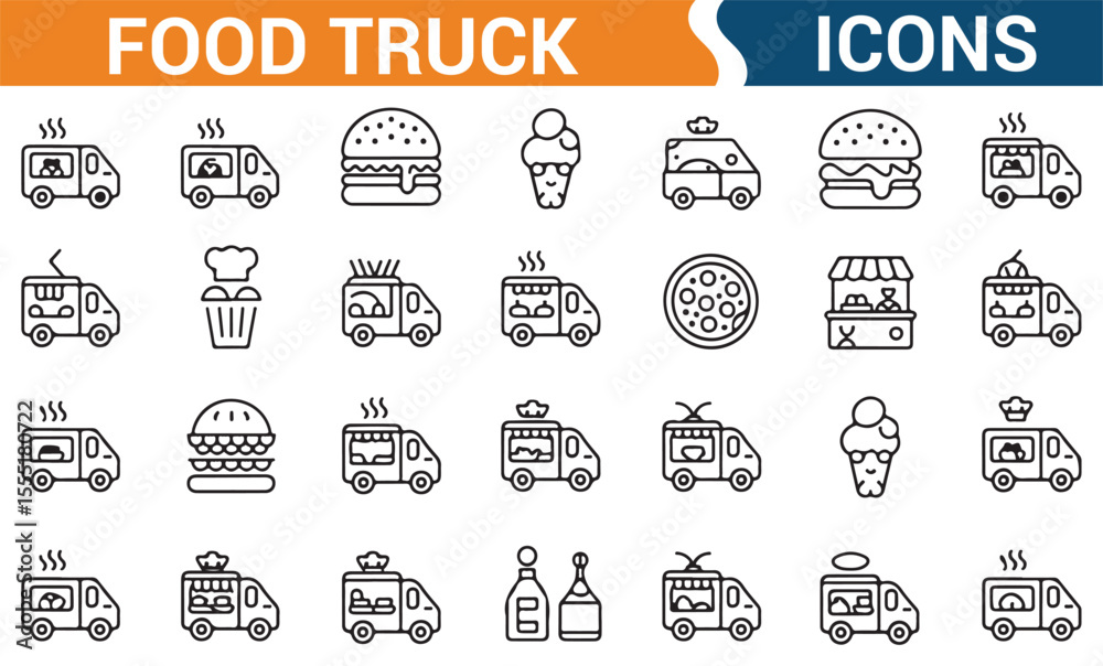 Obraz premium Collection of food truck vector icons featuring various foods like burgers, hot dogs, and ice cream.
