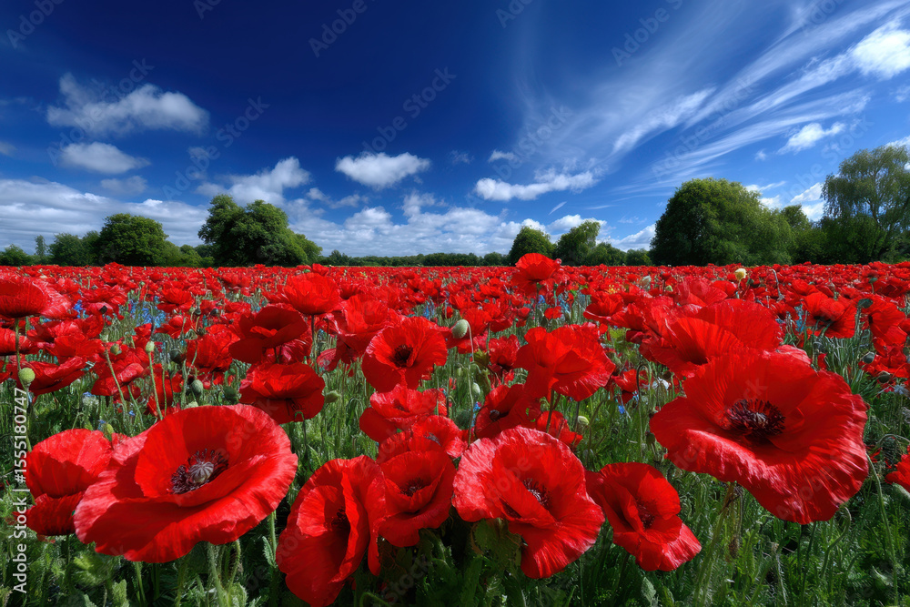 Fototapeta premium Vibrant field of red poppies under a cloudy blue sky during a sunny day