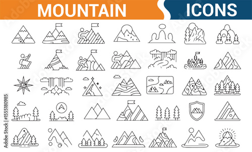 Mountain and adventure symbols for use in travel, hiking, and outdoor exploration projects.