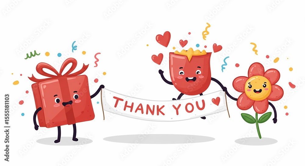 Naklejka premium Cute Cartoon Heart-shaped Characters Holding Thank You Banner with Flower and Gift Box in Celebratory Mood