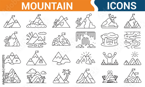 Set of mountain peak and climbing icons for use in tourism, exploration, and adventure branding.

