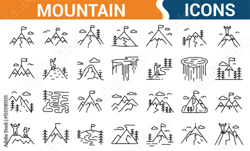 Collection of mountain vector icons for use in outdoor sports, hiking, and mountaineering apps and designs.