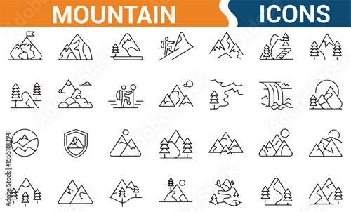 Set of outdoor adventure icons, featuring climbers, mountain peaks, and natural landscapes.