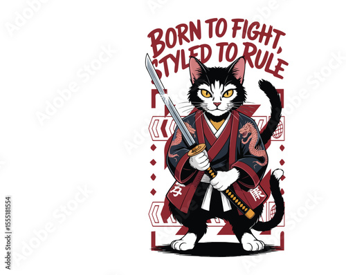 Vintage anime-style yakuza cat in streetwear with katana and bold typography. Cool vector t-shirt design, perfect for anime lovers and street fashion fans.