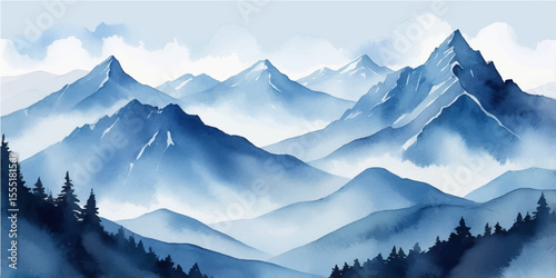 Panoramic winter mountain landscape with snow, clouds, and morning mist in the Himalayas