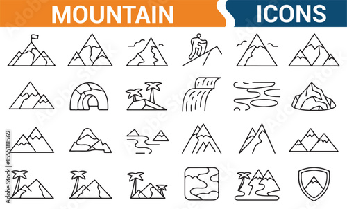 Mountain and landscape icons featuring climbers, peaks, and trails, ideal for travel and nature branding.