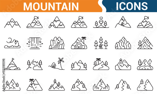 Vector icons of mountains and trekkers for adventure, hiking, and outdoor exploration themes.