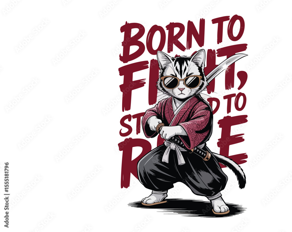 Fototapeta premium Vintage anime-style yakuza cat in streetwear with katana and bold typography. Cool vector t-shirt design, perfect for anime lovers and street fashion fans.