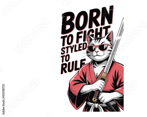 Vintage anime-style yakuza cat in streetwear with katana and bold typography. Cool vector t-shirt design, perfect for anime lovers and street fashion fans.